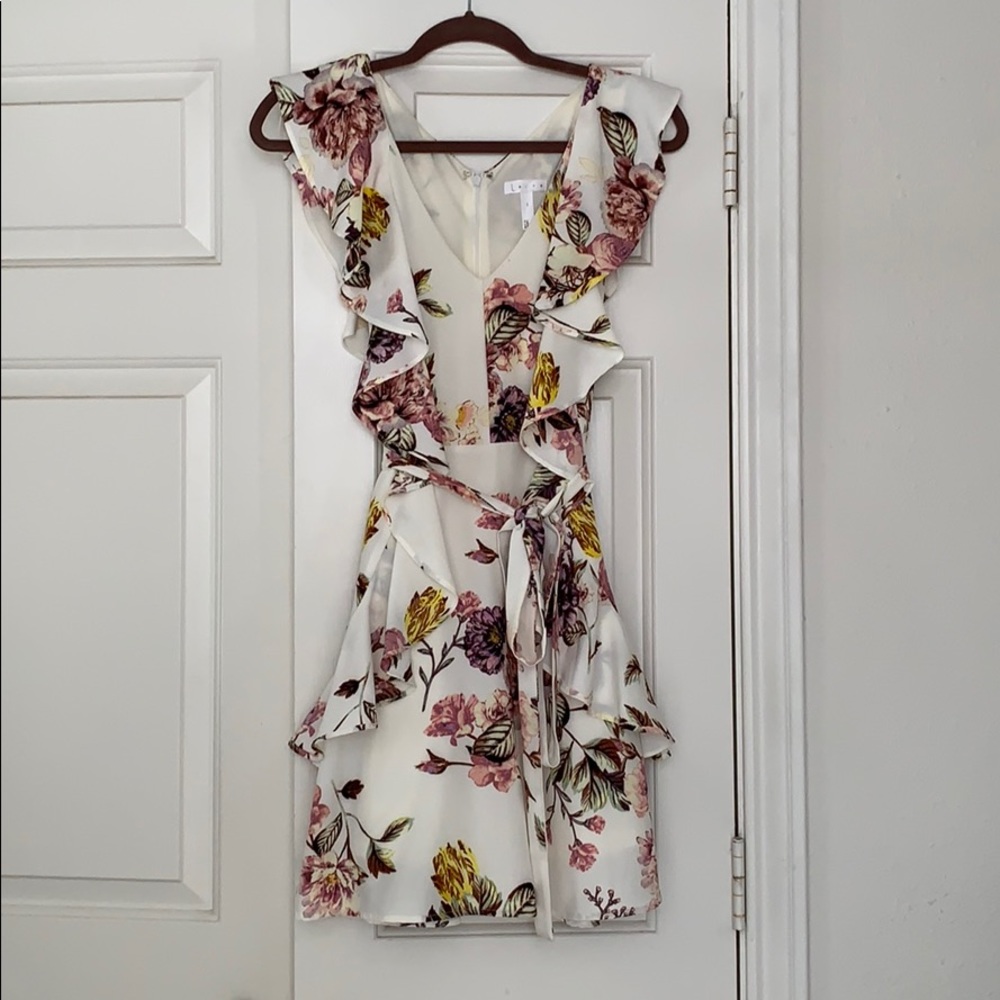 Leith Floral Ruffle Mini Dress in Ivory with Pink & Yellow Flowers